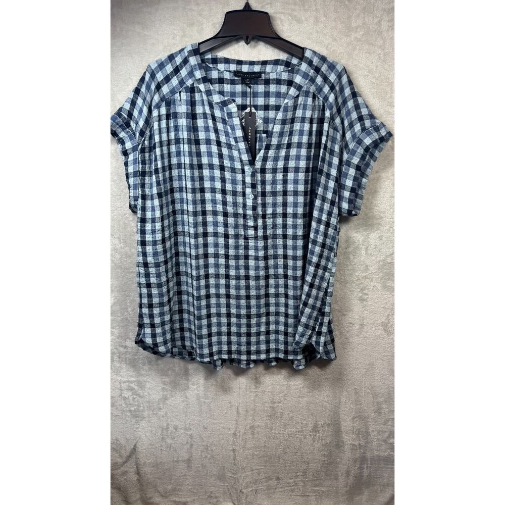 Jane + Delancey NEW Blouse Womens 1X Popover Blue Check Short Sleeve V-Neck